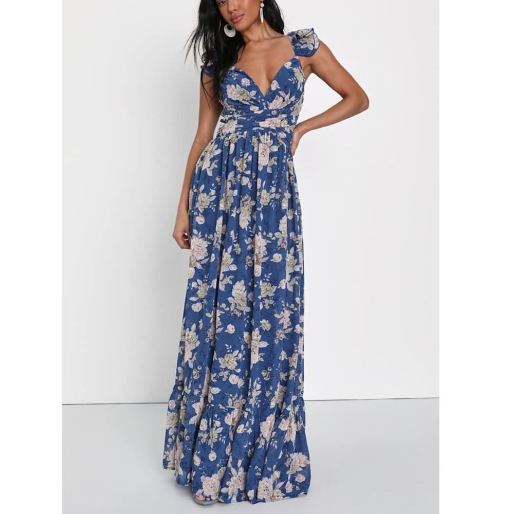NEW Lulus Soiree Celebration Blue Floral Woven Ruffled Lace-Up Maxi Dress Large